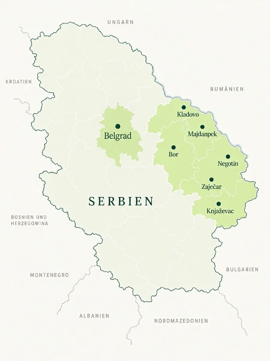 Karte Ostserbien mit den Gemeinden Belgrad, Negotin, Zaječar, Bor, Kladovo, Knjaževac und Majdanpek