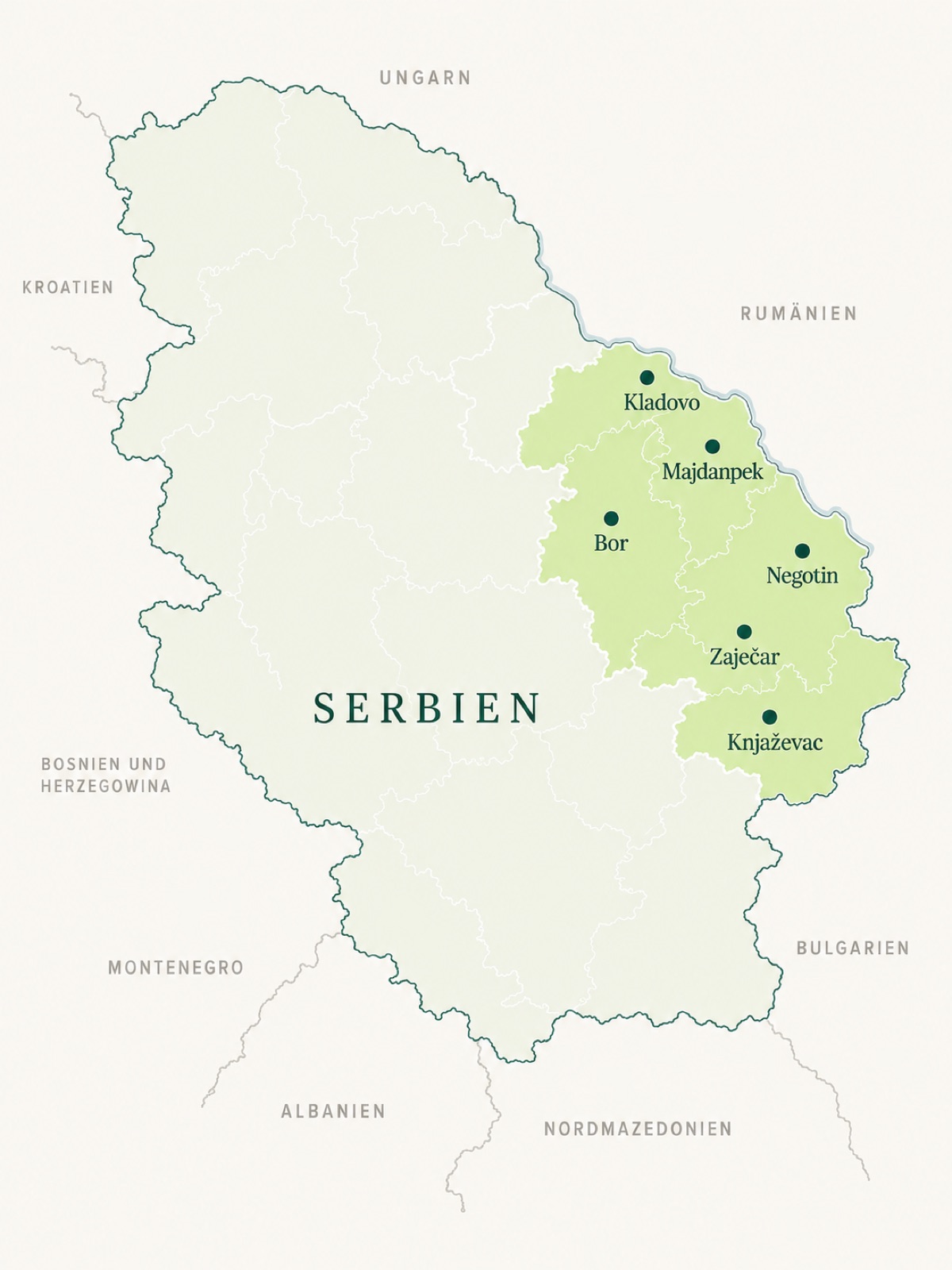 Karte Ostserbien mit den Gemeinden Negotin, Zaječar, Bor, Kladovo, Knjaževac und Majdanpek